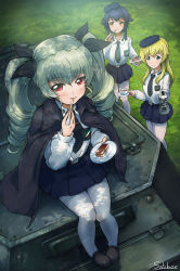 Rule 34 | 10s, 3girls, anchovy (girls und panzer), artist name, bad id, bad pixiv id, belt, beret, black hair, black skirt, blonde hair, blush, bow, braid, brown eyes, cape, carpaccio (girls und panzer), carro armato p40, coffee, coffee pot, commentary, dress shirt, drill hair, eating, english text, fork, from above, girls und panzer, grass, green eyes, green hair, hair bow, hair ribbon, hat, highres, holding, loafers, long hair, long sleeves, looking at another, looking at viewer, looking up, military, military vehicle, miniskirt, motor vehicle, multiple girls, necktie, outdoors, pantyhose, pepperoni (girls und panzer), plate, pleated skirt, red eyes, ribbon, saucer, school uniform, shadow, shirt, shoes, sitting, skirt, smile, solokov (okb-999), spoon, standing, tank, twin drills, twintails, vehicle, white legwear, yellow eyes
