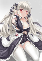 Rule 34 | 1girl, ahoge, alternate legwear, ascot, azur lane, black nails, blush, breasts, bridal gauntlets, choker, cleavage, clothes lift, commentary request, corset, dress, dress lift, feet out of frame, formidable (azur lane), frilled dress, frills, garter straps, gothic lolita, hair ribbon, highres, large breasts, lifting own clothes, lolita fashion, nail polish, oyukikeiho, panties, platinum blonde hair, red eyes, revision, ribbon, seiza, sitting, skirt, skirt lift, solo, thighhighs, twintails, two-tone ribbon, underwear, wavy mouth, white panties, white thighhighs