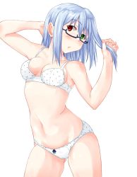 Rule 34 | 1girl, :o, arched back, arm behind head, black-framed eyewear, blue hair, bow, bow panties, bra, breasts, commentary request, cowboy shot, glasses, gluteal fold, green eyes, hand in own hair, heterochromia, highres, izumo konata, lace, lace-trimmed panties, lace trim, looking at viewer, medium breasts, medium hair, navel, original, panties, parted lips, polka dot, polka dot bra, polka dot panties, red eyes, semi-rimless eyewear, simple background, skindentation, solo, standing, under-rim eyewear, underwear, underwear only, white background, white bra, white panties