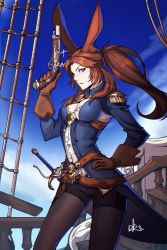 Rule 34 | 1girl, animal ears, belt, blue coat, blue sky, breasts, brown eyes, brown gloves, brown hair, brown pantyhose, cleavage, coat, commission, contrapposto, day, distr, epaulettes, final fantasy, final fantasy xiv, freckles, gloves, gun, hand on own hip, handgun, highres, holding, holding gun, holding weapon, looking at viewer, medium breasts, musket, outdoors, pantyhose, parted lips, ponytail, rabbit ears, sky, solo, sword, viera, warrior of light (ff14), weapon