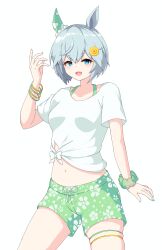Rule 34 | 1girl, absurdres, animal ears, bails, blue eyes, bracelet, collarbone, commentary request, floral print, gaze on me! outfit (umamusume), green scrunchie, green shorts, grey hair, hair between eyes, hand up, highres, horse ears, horse girl, horse tail, jewelry, looking at viewer, midriff, navel, scrunchie, seiun sky (umamusume), shirt, short hair, short shorts, short sleeves, shorts, simple background, smile, solo, tail, thigh strap, tied shirt, umamusume, white background, white shirt, wrist scrunchie