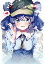 Rule 34 | 1girl, absurdres, blue eyes, blue hair, blue shirt, blush, breasts, cabbie hat, commentary request, commission, eyes visible through hair, fantasydolce, frilled shirt collar, frills, hair between eyes, hair bobbles, hair ornament, hand up, hat, heart, highres, kawashiro nitori, key, leaning forward, long hair, long sleeves, looking at viewer, medium breasts, parted lips, revision, shirt, skeb commission, solo, spoken heart, swept bangs, touhou, two side up