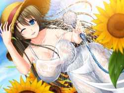 Rule 34 | 1girl, ;d, blue eyes, blue sky, breasts, brown hair, cleavage, day, dress, female focus, flower, hat, hose, large breasts, leaning forward, militia minpei, one eye closed, open mouth, original, parted lips, see-through, sky, smile, solo, strap slip, straw hat, sundress, sunflower, water, wet, wet clothes