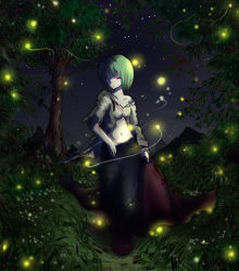 Rule 34 | 1girl, antennae, bug, cape, collarbone, dark, female focus, fireflies, firefly, glowing, grass, green hair, highres, insect, itokana, midriff, navel, night, pants, red eyes, shirt, short hair, solo, torn clothes, torn shirt, touhou, unbuttoned, wriggle nightbug