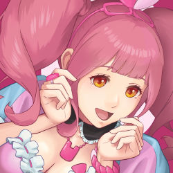 Rule 34 | 1girl, breasts, brown eyes, cleavage, dress, from above, hair behind ear, jewelry, macross, macross delta, makina nakajima, masha. (masyaaaaa0104), medium breasts, necklace, open mouth, pink background, pink dress, pink hair, portrait, smile, solo, twintails