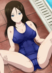 Rule 34 | 1girl, black hair, blue eyes, blue one-piece swimsuit, cameltoe, commentary request, feet out of frame, girls und panzer, highres, inoshira, long hair, looking at viewer, lying, m legs, nonna (girls und panzer), one-piece swimsuit, poolside, school swimsuit, solo, spread legs, swept bangs, swimsuit, water