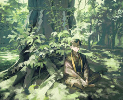 Rule 34 | 1boy, black hair, clothing request, commentary request, dappled sunlight, day, green theme, highres, hise, horns, indian style, japanese clothes, looking at viewer, male focus, nature, original, outdoors, rope, sandals, shide, shimenawa, short hair, signature, sitting, skin-covered horns, solo, sunlight, tree, wide shot, yellow eyes, zouri