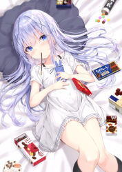 Rule 34 | 1girl, blue eyes, blue hair, blush, cellphone, closed mouth, collarbone, commentary request, covered navel, dress, feet out of frame, flat chest, food, food in mouth, gochuumon wa usagi desu ka?, hair ornament, highres, holding, holding phone, kafuu chino, knees together feet apart, kouda suzu, long hair, looking at viewer, lying, mouth hold, on back, partial commentary, phone, pillow, pocky, pocky in mouth, short dress, short sleeves, smartphone, smartphone case, solo, white dress, x hair ornament