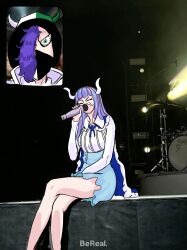 Rule 34 | bad tag, blue hair, blue skirt, breasts, brother and sister, cape, crossed legs, dress, fan, fan screaming at madison beer (meme), high heels, horns, large breasts, long legs, mask, meme, microphone, mouth mask, multiple boys, music, neck ribbon, one piece, page one (one piece), ribbon, screaming, short dress, siblings, singing, skirt, sorambk, striped clothes, ulti (one piece)