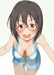 Rule 34 | 1girl, blush, breasts, brown eyes, brown hair, downblouse, extended downblouse, glasses, gorohati, gradient background, hanging breasts, highres, idolmaster, idolmaster cinderella girls, kamijo haruna, large breasts, leaning forward, looking at viewer, navel, no bra, open mouth, short hair, simple background, smile, solo