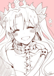Rule 34 | 1girl, aruti, blush, closed eyes, commentary, earrings, ereshkigal (fate), fate/grand order, fate (series), floral background, hair ribbon, hoop earrings, jewelry, monochrome, open mouth, parted bangs, pink background, ribbon, simple background, skull, skull belt, skull brooch, smile, solo, spine, tiara