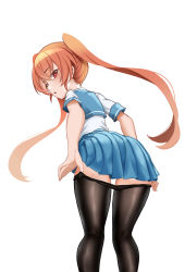 Rule 34 | 1girl, absurdres, ass, black pantyhose, clothes pull, female focus, from behind, highres, long hair, looking back, open mouth, orange eyes, orange hair, pantyhose, pantyhose pull, pleated skirt, pulling own clothes, shiny clothes, shirt, short sleeves, simple background, skirt, solo, standing, twintails, ueno-san wa bukiyou, ueno (ueno-san wa bukiyou), white background, white shirt, zasshu
