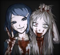 Rule 34 | 1boy, 1girl, arm up, bad id, bad twitter id, black background, blood, blood drip, blood on clothes, blood on face, blue eyes, blue hair, braid, constricted pupils, grey hair, guro, hand up, heterochromia, holding head, long hair, looking at viewer, open mouth, pretty rhythm, pretty series, red eyes, rinne (pretty rhythm), severed head, shine (pretty series), short hair, side braid, smile, teeth, upper body, v, yellow eyes, zashima