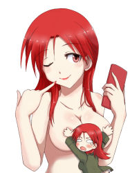 Rule 34 | 1girl, ;), breasts, censored, censored nipples, character censor, collarbone, covering nipples, covering privates, isosceles triangle (xyzxyzxyz), long hair, minna-dietlinde wilcke, novelty censor, one eye closed, red eyes, red hair, smile, solo, strike witches, world witches series