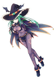 Rule 34 | 1girl, absurdres, arm support, bat wings, black skirt, blush, bodysuit, boots, breast hold, breasts, cape, chain, covered navel, date a live, full body, gem, green eyes, green gemstone, green hair, hair between eyes, hand to own mouth, hat, high heel boots, high heels, highres, hip focus, large breasts, long hair, natsumi (date a live), nepsuka (hachisuka), see-through, simple background, skin tight, skirt, smile, solo, star (symbol), star print, white background, wings, witch, witch hat