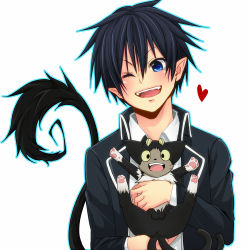 Rule 34 | animal hands, ao no exorcist, black hair, blacky, blue eyes, cat, fangs, heart, kuro (ao no exorcist), lowres, okumura rin, one eye closed, open mouth, pointy ears, smile, tagme, tail, wink