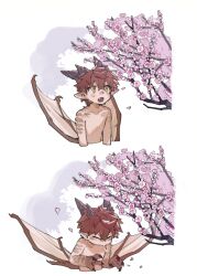 Rule 34 | 1boy, branch, cherry blossoms, child, claws, closed eyes, cropped torso, dragon boy, dragon horns, dragon wings, falling petals, fang, horns, male focus, messy hair, monster boy, mullmull02, open mouth, original, petals, pointy ears, red hair, short hair, slit pupils, sneezing, solo, taras-kun (mullmull02), wings, yellow eyes