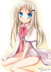 Rule 34 | 1girl, :3, blue eyes, bow, cape, little busters!, long hair, mofmof (sousa), noumi kudryavka, one-piece swimsuit, pink bow, school swimsuit, school uniform, serafuku, silver hair, solo, swimsuit, swimsuit under clothes, translated, white school swimsuit, white one-piece swimsuit