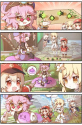 Rule 34 | 3girls, 4koma, :d, absurdres, ahoge, backpack, bag, bag charm, blonde hair, brown eyes, brown scarf, bugle, cabbie hat, charm (object), chasing, clover print, comic, commentary request, detached sleeves, dodoco (genshin impact), dori (genshin impact), fleeing, floating, flower, genshin impact, hair between eyes, hair flower, hair ornament, hairclip, halo, hat, hat feather, hat ornament, highres, holding, instrument, jewelry, jinni (genshin impact), jumpy dumpty, klee (genshin impact), light brown hair, long hair, long sleeves, lumine (genshin impact), mechanical halo, multiple girls, open mouth, paimon (genshin impact), pink hair, pocket, pointy ears, randoseru, red eyes, ring, running, scarf, short hair, short hair with long locks, sidelocks, silent comic, sitting, smile, spoken character, sunglasses, sweat, symbol-shaped pupils, white hair, yoshinao (yoshinao 0203)