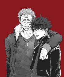 Rule 34 | 2boys, arm on another&#039;s shoulder, bandaid, bandaid on neck, breto91932828, coat, ear piercing, extra eyes, facial tattoo, fur-trimmed jacket, fur trim, fushiguro megumi, hair between eyes, height difference, highres, jacket, jewelry, jujutsu kaisen, long sleeves, looking at viewer, male focus, monochrome, multiple boys, open clothes, open jacket, piercing, red background, ring, ryoumen sukuna (jujutsu kaisen), shirt, short hair, spiked hair, tattoo, tongue, tongue out, tongue piercing, undercut, yaoi