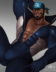 Rule 34 | 1boy, archie (pokemon), bandana, bara, beard, black eyes, black hair, blue bandana, blue bodysuit, bodysuit, brown hair, bulge, covered abs, creatures (company), crestren, dark-skinned male, dark skin, diving suit, facial hair, feet out of frame, game freak, highres, large pectorals, lips, male focus, mature male, muscular, muscular male, mustache, nintendo, partially unzipped, pectoral cleavage, pectorals, pokemon, pokemon oras, short hair, skin tight, smile, solo, spread legs, thick thighs, thighs, wetsuit