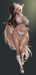 Rule 34 | 1girl, animal ears, antenna hair, bikini, breasts, cat ears, choker, cleavage, commission, covered erect nipples, curvy, dark-skinned female, dark skin, full body, gradient background, grey background, hair between eyes, highres, hip focus, jacket, large breasts, long hair, mad kimo, multicolored hair, narrow waist, open clothes, open jacket, original, panties, panty pull, parted lips, platinum blonde hair, red eyes, red hair, shoes, sneakers, streaked hair, swimsuit, thick thighs, thighs, underwear, very long hair, white bikini, white legwear, wide hips