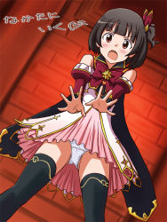 Rule 34 | 1girl, black hair, black thighhighs, blush, bow, bowtie, brown eyes, character name, crotch seam, detached sleeves, dress, dutch angle, frown, gluteal fold, hair ornament, idolmaster, idolmaster million live!, idolmaster million live! theater days, lielos, looking at viewer, magical girl, nakatani iku, open mouth, panties, pantyshot, pink dress, print thighhighs, reaching, reaching towards viewer, red bow, red bowtie, short dress, short hair, signature, sitting, sleeveless, sleeveless dress, solo, standing, thighhighs, underwear, v-shaped eyebrows, white dress, white panties