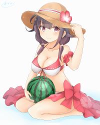 Rule 34 | 10s, 1girl, armband, azuhira, blush, breasts, cleavage, hand on headwear, hat, highres, kantai collection, large breasts, long hair, looking at viewer, purple hair, red eyes, ryuuhou (kancolle), sarong, scrunchie, smile, solo, sun hat, taigei (kancolle)