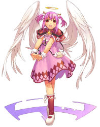 Rule 34 | 1girl, angel wings, bag, ciel (spectral souls), crossed legs, dress, fleur-de-lis, floating hair, full body, halo, handbag, hirano katsuyuki, official art, open mouth, own hands together, pink dress, pink hair, pink skirt, red eyes, red socks, shoes, short hair, skirt, smile, socks, solo, spectral (series), spectral souls, standing, two side up, v arms, watson cross, white background, wings