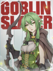 Rule 34 | 10s, 1girl, absurdres, black bow, black gloves, blouse, bow, bow (weapon), breasts, brown cape, cape, closed mouth, commentary request, elf, gloves, goblin slayer!, green eyes, green hair, green shirt, hair bow, high elf archer (goblin slayer!), highres, holding, holding bow (weapon), holding weapon, liya nikorov, long hair, looking at viewer, pointy ears, shirt, sidelocks, small breasts, solo, strap, weapon