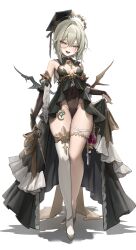 Rule 34 | 1girl, absurdres, armpits, bare shoulders, black dress, breasts, breasts apart, bridal gauntlets, brooch, brown leotard, center opening, circlet, covered navel, crossed legs, detached collar, detached sleeves, dress, fangs, freng, frills, full body, green eyes, grey hair, hat, high heels, highres, jewelry, legs, leotard, lifted by self, long dress, long skirt, looking at viewer, mini wings, monocle, mortarboard, open mouth, original, pointy ears, puffy short sleeves, puffy sleeves, revealing clothes, short hair, short sleeves, showgirl skirt, single thighhigh, skirt, sleeveless, sleeveless dress, small breasts, smile, solo, standing, thigh strap, thighhighs, thighs, watson cross, white thighhighs, wings