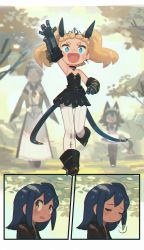 Rule 34 | 4girls, :d, absurdres, animal ears, apron, black dress, blonde hair, blue eyes, blue hair, choker, circlet, commentary, cressey (porforever), cross, cross earrings, dress, earrings, english commentary, freckles, gauntlets, highres, jewelry, maid, maid apron, maid headdress, monocle, multiple girls, open mouth, original, porforever, running, sigh, smile, tail, twintails, waving, yellow eyes