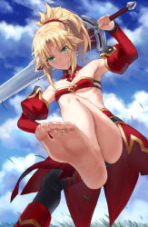 Rule 34 | 1girl, barefoot, blonde hair, blush, fate/grand order, fate (series), feet, green eyes, highres, long hair, looking at viewer, mordred (fate), smile, soles, sword, toes, weapon