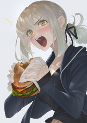 Rule 34 | 1girl, artoria pendragon (all), artoria pendragon (fate), black camisole, black jacket, black ribbon, blonde hair, blush, breasts, burger, camisole, collarbone, fate/grand order, fate/stay night, fate (series), food, highres, imizu (nitro unknown), jacket, long hair, long sleeves, looking at viewer, low ponytail, medium breasts, official alternate costume, open mouth, ribbon, saber alter, saber alter (ver. shinjuku 1999) (fate), sidelocks, teeth, yellow eyes