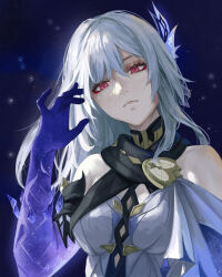 Rule 34 | 1girl, absurdres, bare shoulders, butterfly hair ornament, closed mouth, commentary, detached sleeves, genshin impact, gradient gloves, gradient sleeves, grey hair, hair ornament, head tilt, highres, long hair, luxearte, purple sleeves, red eyes, skirk (genshin impact), sky, solo, star (sky), starry sky