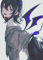 Rule 34 | 1girl, achiki, black hair, black skirt, blue hair, blue horns, commentary, demon horns, demon tail, demon wings, earrings, fang, from side, grey jacket, hair between eyes, heart, heart tail, highres, horns, ichinose uruha, ichinose uruha (6th costume), jacket, jewelry, looking at viewer, lupinus virtual games, medium hair, multicolored hair, off shoulder, official alternate costume, open mouth, purple eyes, shirt, simple background, skin fang, skirt, smile, solo, streaked hair, symbol-only commentary, tail, virtual youtuber, vspo!, white background, white shirt, wings