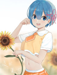 Rule 34 | 1girl, absurdres, akatsuki (m12778387), alternate costume, blue eyes, blue hair, blurry, blurry background, blush, breasts, commentary request, floral background, flower, flower knot, hair between eyes, hair ornament, hair ribbon, hand up, highres, holding, holding flower, looking at viewer, medium breasts, midriff, navel, open mouth, orange neckwear, pleated skirt, re:zero kara hajimeru isekai seikatsu, rem (re:zero), ribbon, round teeth, shirt, short hair, short sleeves, skirt, smile, solo, sunflower, teeth, translation request, upper body, upper teeth only, white shirt, x hair ornament
