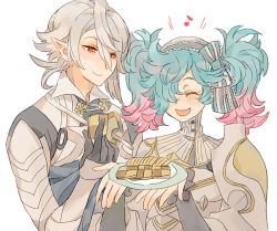 Rule 34 | 1boy, 1girl, armor, blue hair, bow, cookie, corrin (fire emblem), corrin (male) (fire emblem), corrin (male) (fire emblem), fire emblem, fire emblem fates, food, gloves, hair between eyes, hair bow, hair over one eye, happy, multicolored hair, musical note, nintendo, open mouth, peri (fire emblem), pink hair, plate, pointy ears, quaver, red eyes, short hair, shourou kanna, smile, twintails, two-tone hair, veil