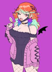 Rule 34 | 1girl, black choker, black dress, black nails, breasts, candy, choker, cleavage, collarbone, colored inner hair, cross, cross earrings, dress, earrings, feather earrings, feathers, fishnets, food, green hair, half-closed eyes, highres, holding, holding candy, holding food, holding lollipop, hololive, hololive english, jewelry, large breasts, lollipop, looking at viewer, mask, mouth mask, multicolored hair, nail polish, off-shoulder dress, off shoulder, open mouth, orange hair, peagade, purple background, purple eyes, purple sweater, ring, solo, sweater, takanashi kiara, tongue, tongue out, v-shaped eyebrows, vampire (vocaloid), virtual youtuber, vocaloid