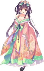 Rule 34 | 1girl, bare shoulders, black hair, breasts, cleavage, collarbone, dress, flower, full body, hair flower, hair ornament, hair rings, highres, large breasts, long hair, long sleeves, looking at viewer, love love princess, official art, open mouth, red eyes, solo, transparent background, tsukimori mio erland, twintails, wide sleeves, wori