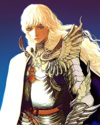Rule 34 | 1boy, armor, berserk, cape, closed mouth, corrupted twitter file, full armor, gradient background, greaves, griffith (berserk), highres, long hair, looking at viewer, male focus, nisino2222, shoulder armor, solo, upper body, wavy hair, white cape, white hair