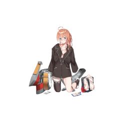 Rule 34 | 1girl, ahoge, alternate costume, bag, black legwear, blazer, blue eyes, blush, boots, bottomless, bow, brown hair, cellphone, clothes, clothes grab, unworn clothes, coat, collarbone, embarrassed, full body, jacket, kneeling, looking at viewer, machinery, mogami (warship girls r), naked coat, notebook, official art, parted lips, pen, phone, red bow, school bag, school uniform, shoes, side ponytail, smartphone, smokestack, solo, teeth, thigh strap, transparent background, warship girls r, white footwear, zi se