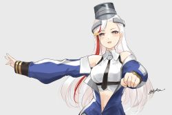 Rule 34 | 1girl, black necktie, blonde hair, blue jacket, breasts, clenched hand, foreshortening, highres, jacket, kantai collection, large breasts, long hair, looking at viewer, massachusetts (kancolle), meme, midriff, multicolored hair, navel, necktie, odachu, one-hour drawing challenge, red eyes, red hair, shirt, signature, sleeveless, sleeveless shirt, solo, streaked hair, upper body, white shirt