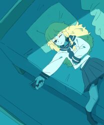 Rule 34 | 1girl, bed, black socks, blonde hair, blue sailor collar, blue skirt, blue theme, cellphone, closed mouth, commentary request, cookie (touhou), expressionless, foot out of frame, highres, holding, holding phone, kirisame marisa, limited palette, long hair, long sleeves, looking at viewer, lying, medium bangs, no shoes, on back, on bed, one eye closed, phone, pillow, pleated skirt, rikadai, sailor collar, school uniform, serafuku, shirt, skirt, smartphone, socks, solo, suzu (cookie), touhou, unusually open eyes, white shirt