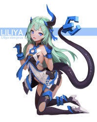 Rule 34 | 1girl, bare shoulders, black gloves, blue eyes, blue gloves, breasts, commentary request, from side, gloves, green hair, hair between eyes, highres, honkai (series), honkai impact 3rd, kneeling, liliya olenyeva, long hair, looking at viewer, sl86, small breasts, solo, tail, thighhighs, two-tone gloves
