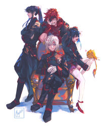 Rule 34 | 1girl, 3boys, allen walker, anklet, black hair, black order uniform, boots, closed eyes, closed mouth, crossed arms, crossed legs, d.gray-man, eyepatch, facial mark, frilled skirt, frills, full body, gloves, hair between eyes, headband, heart, highres, jacket, jewelry, kanda yuu, lavi, leaning forward, lenalee lee, long coat, long hair, long sleeves, looking at viewer, male focus, miyukiko, multiple boys, on chair, open mouth, pink skirt, ponytail, profile, purple eyes, red hair, red scarf, scar, scarf, shirt, short hair, signature, sitting, skirt, smile, standing, thighhighs, timcanpy, two side up, white background, white hair, white thighhighs