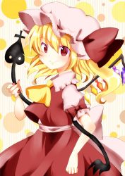 Rule 34 | 1girl, ascot, bad id, bad pixiv id, blonde hair, blouse, bow, chako (chakoxxx), crystal, flandre scarlet, hat, hat bow, hat ribbon, highres, laevatein, mob cap, puffy short sleeves, puffy sleeves, red eyes, ribbon, shirt, short sleeves, side ponytail, skirt, skirt set, solo, touhou, vest, wings