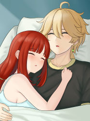 Rule 34 | 1boy, 1girl, absurdres, aether (genshin impact), alternate costume, baku (ggininder0), bed, bed sheet, black shirt, blanket, blunt bangs, braid, commentary request, earrings, genshin impact, hair between eyes, highres, hug, jewelry, light brown hair, long hair, low-tied long hair, low ponytail, lying, nilou (genshin impact), on back, on side, pajamas, parted lips, pillow, red hair, shirt, short sleeves, sidelocks, single braid, single earring, sleeping, sleeping on person, spaghetti strap, under covers