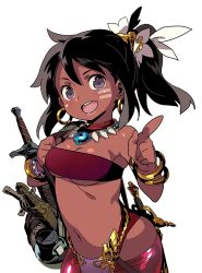 Rule 34 | 1girl, bag, bandeau, black eyes, black hair, bracelet, breasts, dark-skinned female, dark skin, earrings, etrian odyssey, facial mark, high ponytail, himukai yuuji, index finger raised, jewelry, long hair, looking at viewer, magatama, medium breasts, navel, neck ring, non-web source, official art, open mouth, sheath, sheathed, shilleka, shoulder bag, simple background, solo, strapless, sword, teeth, tube top, underboob, upper teeth only, weapon, white background