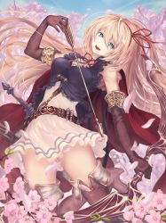 Rule 34 | 1girl, :d, arisa (shadowverse), bare shoulders, beige dress, belt, blonde hair, blue sky, blush, boots, bow (weapon), breasts, brown footwear, cloud, day, elbow gloves, elf, floating hair, gloves, green eyes, hair ribbon, head tilt, high heel boots, high heels, highres, holding, holding bow (weapon), holding weapon, long hair, looking at viewer, medium breasts, neck ribbon, open mouth, outdoors, petals, pointy ears, purple gloves, quiver, red ribbon, ribbon, shadowverse, sidelocks, skirt, sky, sleeveless, smile, solo, strap, take tw01, thigh boots, thighhighs, very long hair, weapon, wind